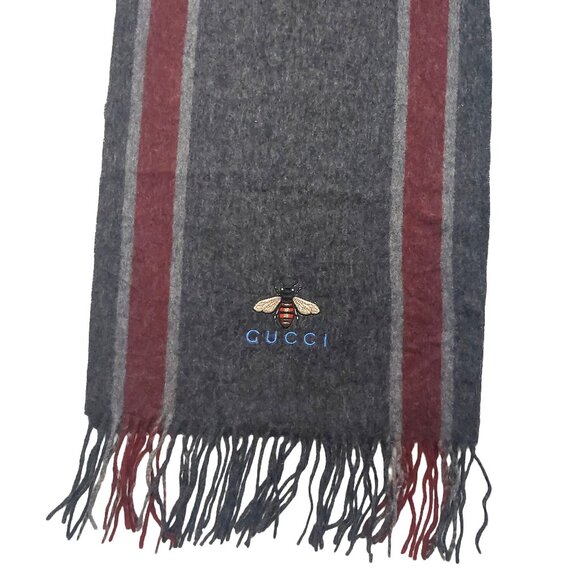 Gucci Vintage Gray & Burgundy Stripe Scarf w Embroidered Bee Logo - Picture 6 of 11